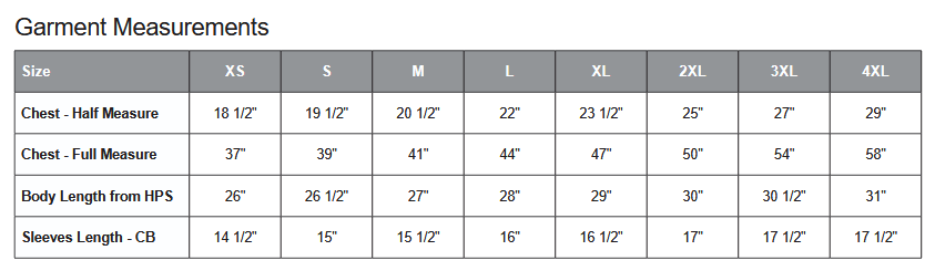 ATC 1000L T-Shirt Sizing Chart