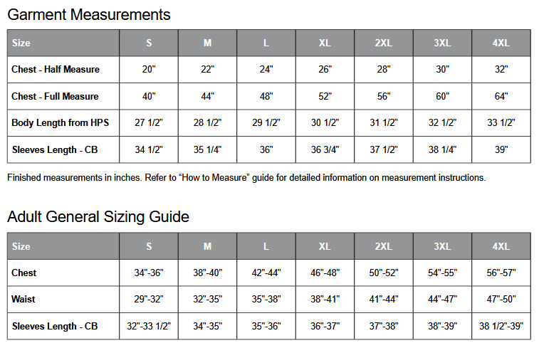 ATC F2500 Hoodie Sizing Chart