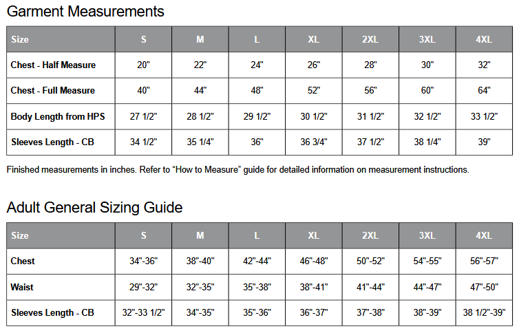 ATC F2600 Full Zip Sizing Chart