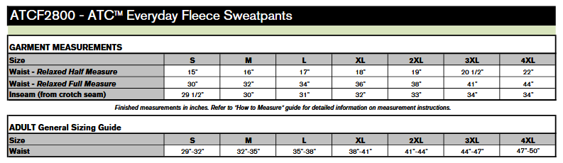 ATC F2800 Sweatpants Sizing Chart