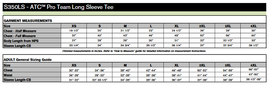 ATC S350LS Pro Team Long Sleeve Sizing Chart