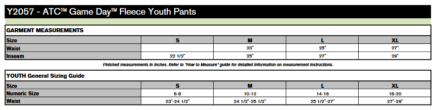 ATC Y2057 Pants Sizing Chart