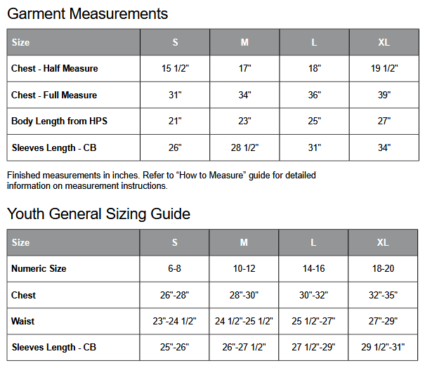 ATC Y2600 Full Zip Sizing Chart