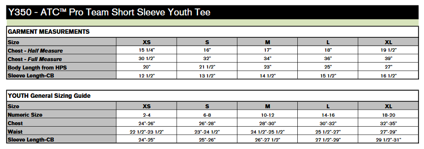 ATC Y350 T-Shirt Sizing Chart