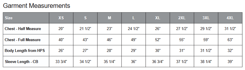 Coal Harbour 7690 Jacket Sizing Chart