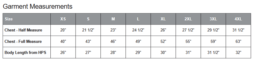 Coal Harbour 7691 Vest Sizing Chart