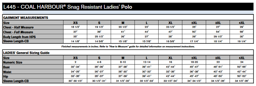 Coal Harbour L445 Polo Sizing Chart
