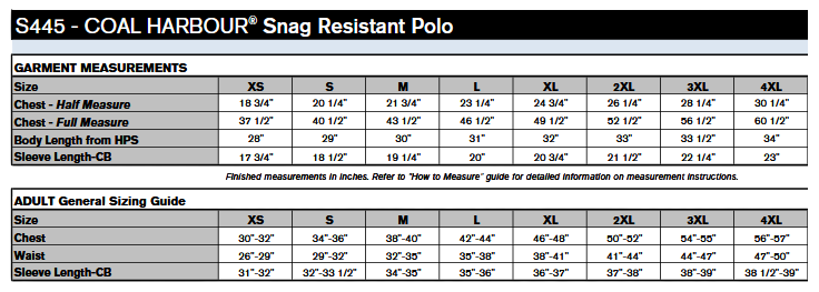 Coal Harbour S445 Polo Sizing Chart