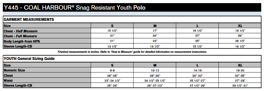 Coal Harbour Y445 Polo Sizing Chart